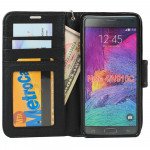 Wholesale Samsung Galaxy Note 4 Premium Flip Leather Wallet Case w Stand and Strap (Black)